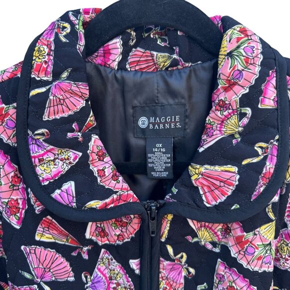 Maggie Barnes Vintage Womens Quilted Fan Print Black Pink Floral Jacket 0X 14/16 - Picture 5 of 8